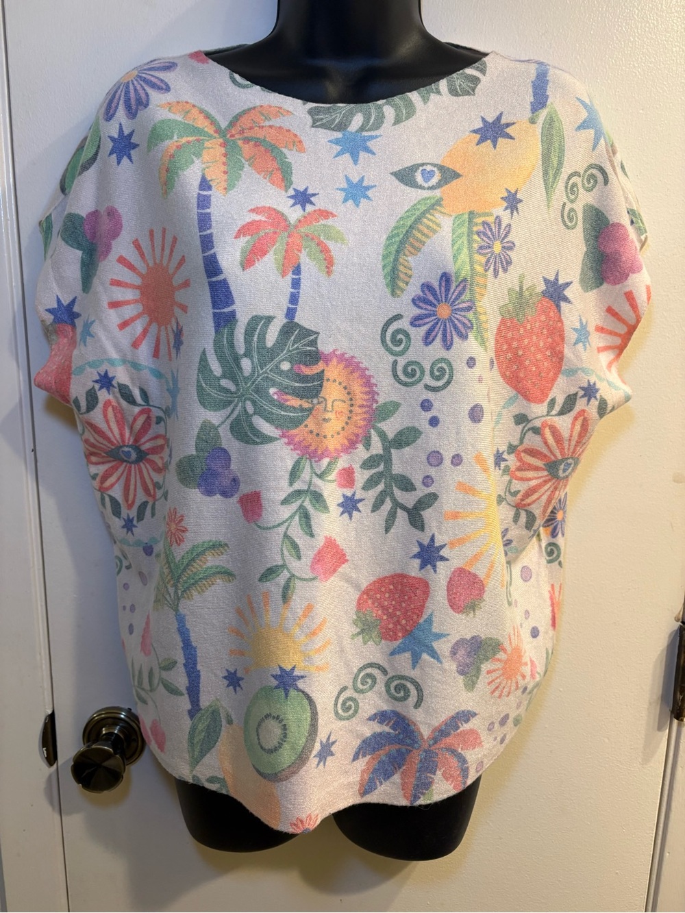 Sioni Sweater Knit Top Shirt Tropical Tree Fruit Floral Beige Orange Size M